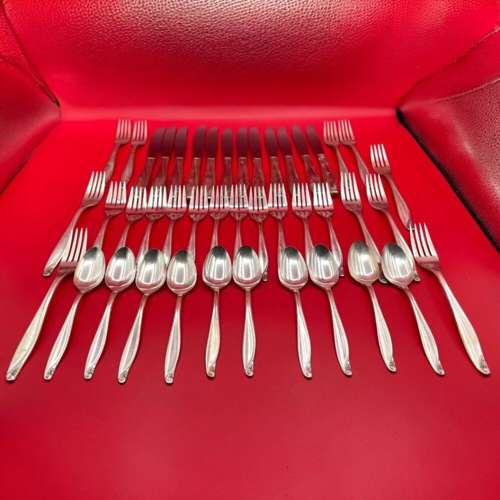 Vintage Wm A. Rogers Oneida Flowertime Silver Overlaid 43 Piece Flatware Set